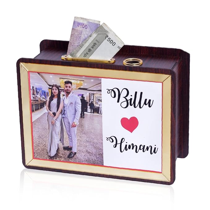 Gifts Wooden Photo Money Bank Saving Box/Piggy Bank for Adults & Kids Perfect for Savings Challenges, Birthdays, and Gifts 20 x 15 cm, Brown and Gold (Customized)