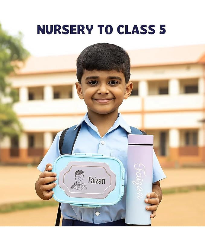 Personalized School Kit for Kids | Custom Name Tiffin Lunch Box, Water Bottle, Mug, Spoon Fork, Stickers & Stationery