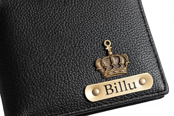 Customised Engraved Wallet with Name | Gift Hamper Set for Men Leather Purse (Black)