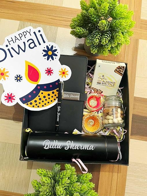 Diwali Gift Hamper - Personalized Dairy Pen, Insulated Bottle, Deepak Design, Chocolate, Golden Acrylic Laser-Cut 'Happy Diwali' Sticker, Cashew Almond Christmas Mix in Glass Bottle – Perfect Festive Gift Box (Black)