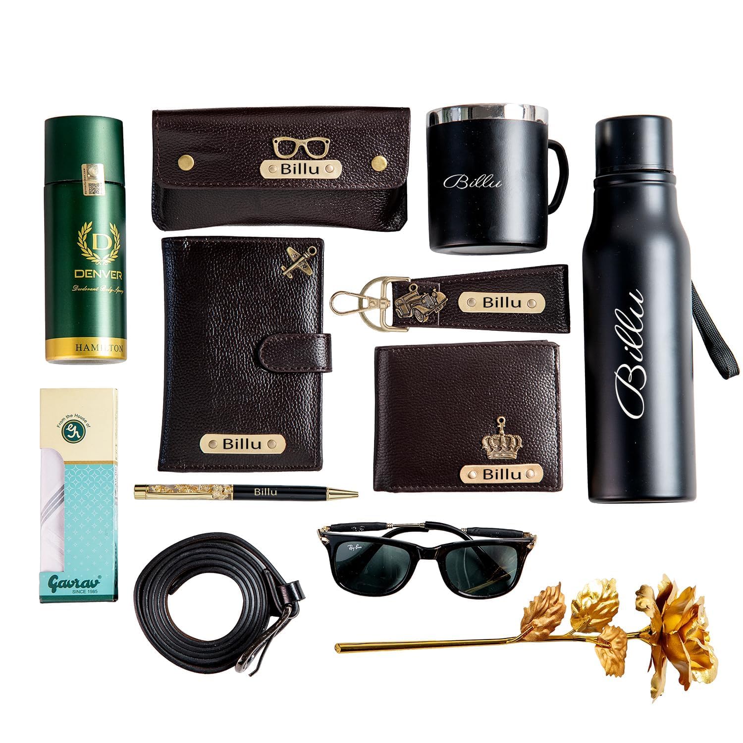 Your Name Customized Mens Gift Hamper Set with Water Bottle, Coffee Mug, Pen, Wallet, Keychain, Golden Rose, Men Deodorant with Belt and Mens Handkerchief (All Set)
