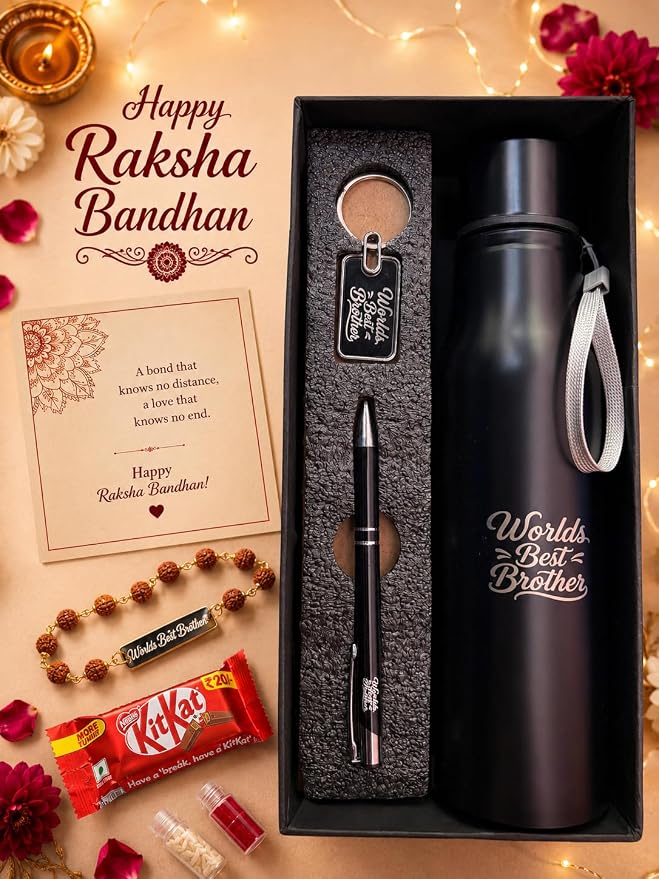 Customised Raksha Bandhan Gift Hamper for Brother – Name Rakhi, Custom Water Bottle, Pen & Keychain | Greeting Card, Chocolate, Roli Chawal Included