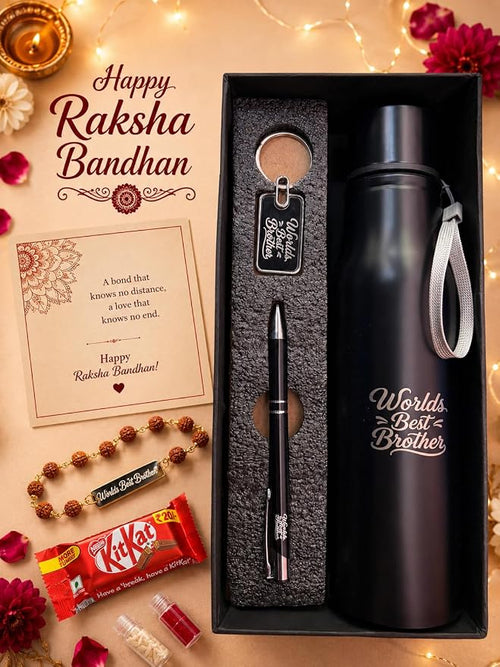 Customised Raksha Bandhan Gift Hamper for Brother – Name Rakhi, Custom Water Bottle, Pen & Keychain | Greeting Card, Chocolate, Roli Chawal Included