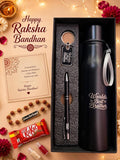 Customised Raksha Bandhan Gift Hamper for Brother – Name Rakhi, Custom Water Bottle, Pen & Keychain | Greeting Card, Chocolate, Roli Chawal Included