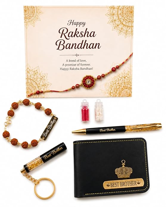 Raksha Bandhan Customizable Gift Hamper for Brother | Best Brother Wallet, Keychain, Pen, Designer Rakhi, Rudraksha Bracelet, Roli Chawal Combo | Rakhi Gift Set for Bhai