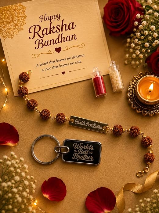 Customized Name Rakhi & Keychain Combo for Brother – Rudraksha Rakhi with Custom Name Plate and Keychain | Raksha Bandhan Gift Set with Roli Chawal & Greeting Card