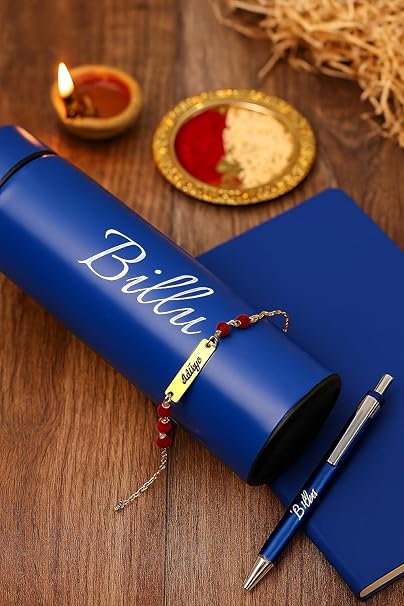Your Name Customized Personalized 5 in 1 Engraved Steel Bottle with Rakhi, Notebook, Pen and Metal Keychain for Office - School, Gifts