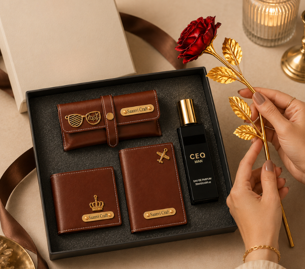 Personalized Gift Set – Wallet, Keychain, Sunglasses Case, Perfume, Rose & Passport Cover