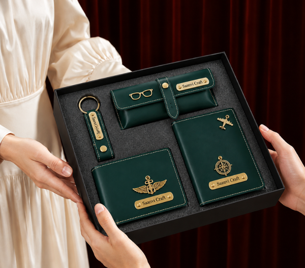 Personalized Travel Essentials Gift Set – Wallet, Keychain, Passport Cover & Sunglasses Case