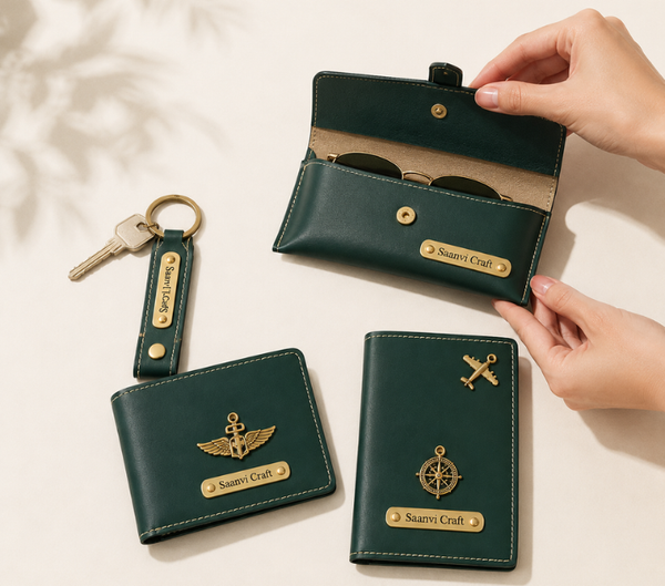 Personalized Travel Essentials Gift Set – Wallet, Keychain, Passport Cover & Sunglasses Case