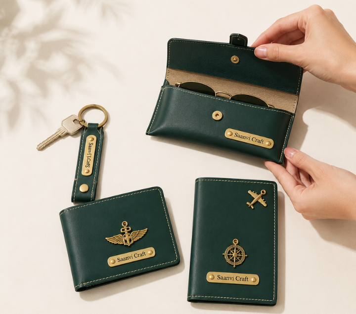 Personalized Gift Hamper Set – Wallet, Keychain, Passport Cover & Sunglasses Case, Assorted Colours