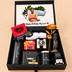 Luxury Personalized Black Birthday Gift Hamper for Men – Watch, Sunglasses, Wallet, Belt, Mug & Perfume Gift Set