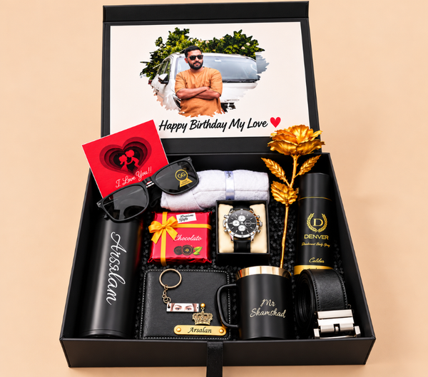 Luxury Personalized Black Birthday Gift Hamper for Men – Watch, Sunglasses, Wallet, Belt, Mug & Perfume Gift Set
