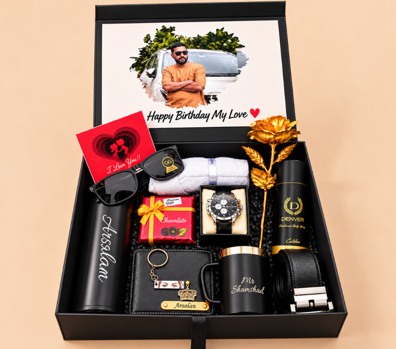 Luxury Personalized Black Birthday Gift Hamper for Men – Watch, Sunglasses, Wallet, Belt, Mug & Perfume Gift Set