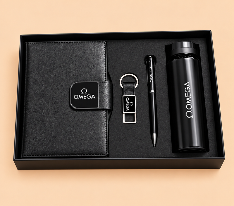Premium Corporate Gift Set – PU Notebook, Stainless Steel Flask, Pen & Keychain | Models 3099–3102