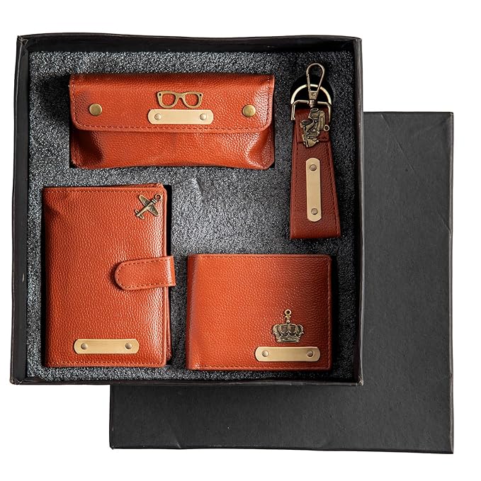 Your Name Customized Mens Gift Hamper Set with Water Bottle, Coffee Mug, Pen, Wallet, Keychain, Golden Rose, Men Deodorant with Belt and Mens Handkerchief (4 in 1)