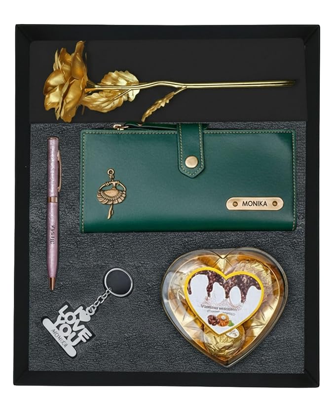 Personalized Gift for Women with Name Wallet, Golden Rose, Pen, Keychain