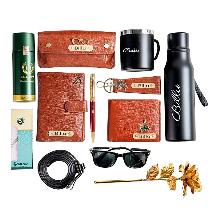 Your Name Customized Mens Gift Hamper Set with Water Bottle, Coffee Mug, Pen, Wallet, Keychain, Golden Rose, Men Deodorant with Belt and Mens Handkerchief (All Set)