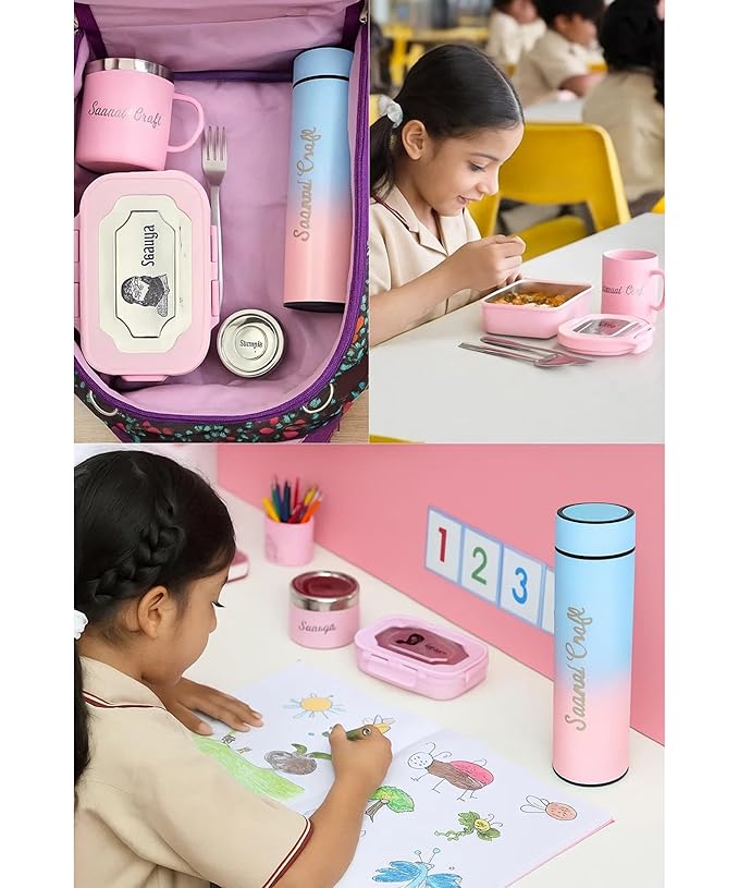 Personalized School Kit for Kids | Custom Name Tiffin Lunch Box, Water Bottle, Mug, Spoon Fork, Stickers & Stationery