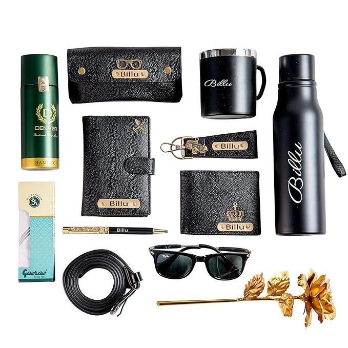 Your Name Customized Mens Gift Hamper Set with Water Bottle, Coffee Mug, Pen, Wallet, Keychain, Golden Rose, Men Deodorant with Belt and Mens Handkerchief (All Set)
