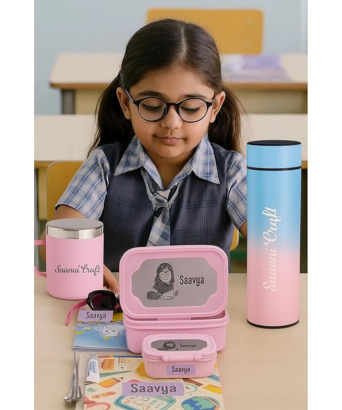 Personalized School Kit for Kids | Custom Name Tiffin Lunch Box, Water Bottle, Mug, Spoon Fork, Stickers & Stationery