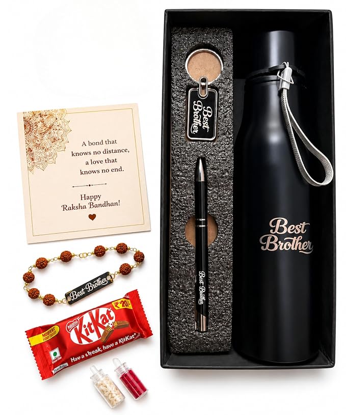 Customised Raksha Bandhan Gift Hamper for Brother – Name Rakhi, Custom Water Bottle, Pen & Keychain | Greeting Card, Chocolate, Roli Chawal Included