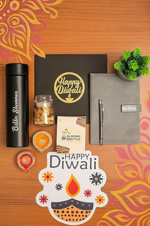 Diwali Gift Hamper - Personalized Dairy Pen, Insulated Bottle, Deepak Design, Chocolate, Golden Acrylic Laser-Cut 'Happy Diwali' Sticker, Cashew Almond Christmas Mix in Glass Bottle – Perfect Festive Gift Box (Grey)