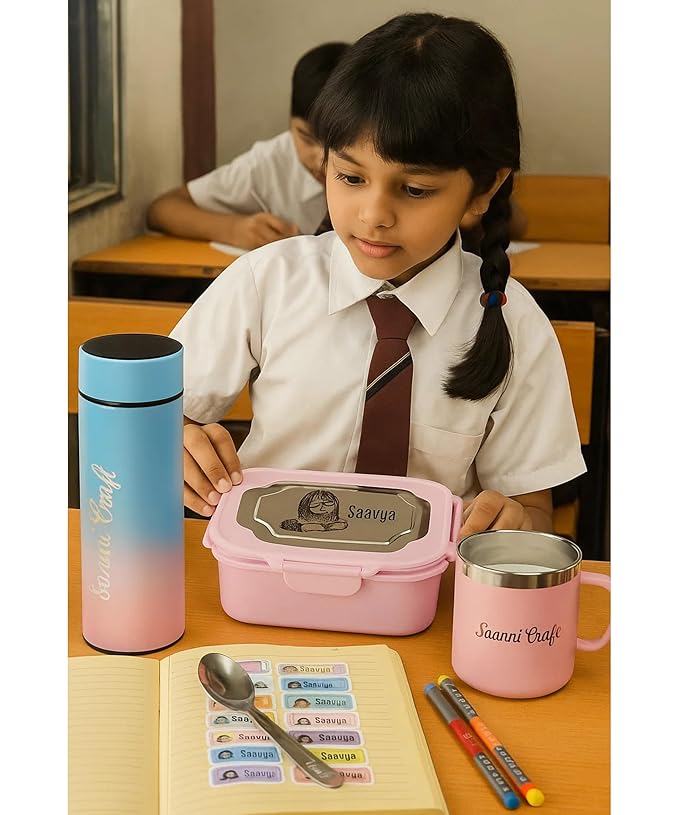 Personalized School Kit for Kids | Custom Name Tiffin Lunch Box, Water Bottle, Mug, Spoon Fork, Stickers & Stationery