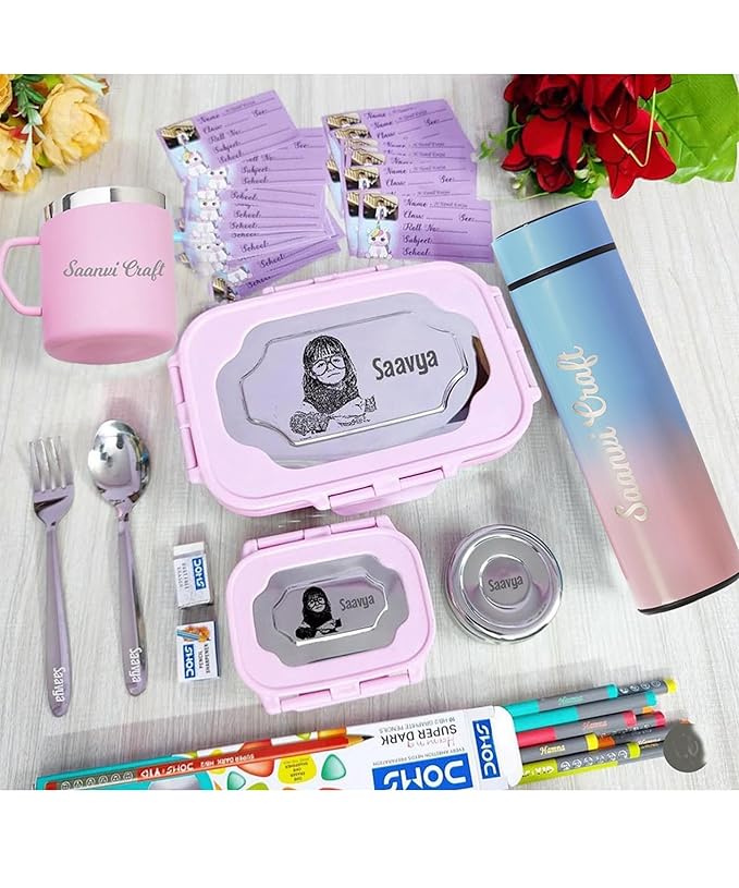 Personalized School Kit for Kids | Custom Name Tiffin Lunch Box, Water Bottle, Mug, Spoon Fork, Stickers & Stationery