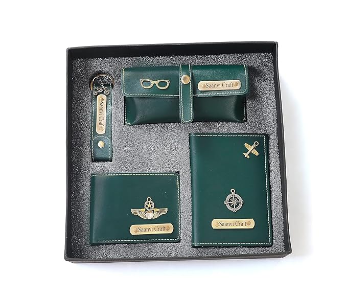 Your Name Customized Leather Unisex Passport Holder, Sunglasses Cover and Men's Wallet with Key Chain, Gifts, Personalized Gifts (Green)
