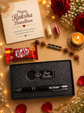 Raksha Bandhan Gift Combo for Brother – Rudraksha Rakhi with Keychain & Pen | Greeting Card, Roli Chawal Included | Rakhi Gift Hamper for Bhai
