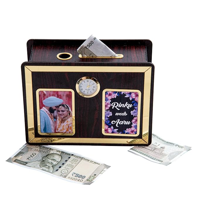 Gifts Wooden Photo Money Bank Saving Box/Piggy Bank for Adults & Kids Perfect for Savings Challenges, Birthdays, and Gifts 20 x 15 cm, Brown and Gold (Customized) (Money Ban
