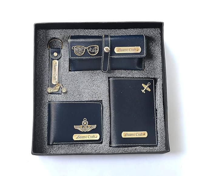 Your Name Customized Leather Unisex Passport Holder, Sunglasses Cover and Men's Wallet with Key Chain, Gifts, Personalized Gifts (Blue)