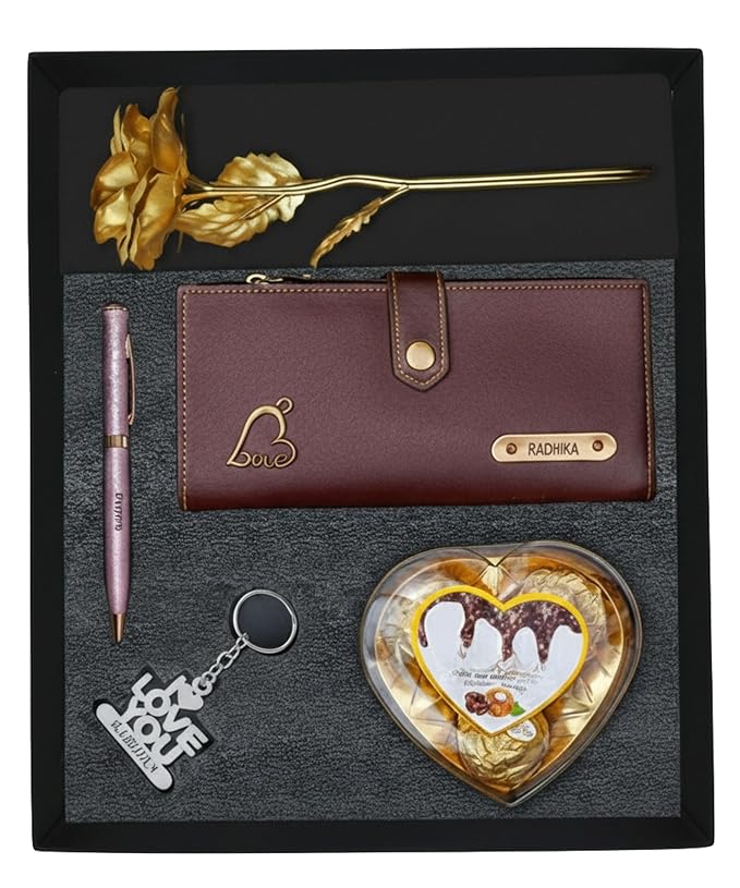 Personalized Gift for Women with Name Wallet, Golden Rose, Pen, Keychain
