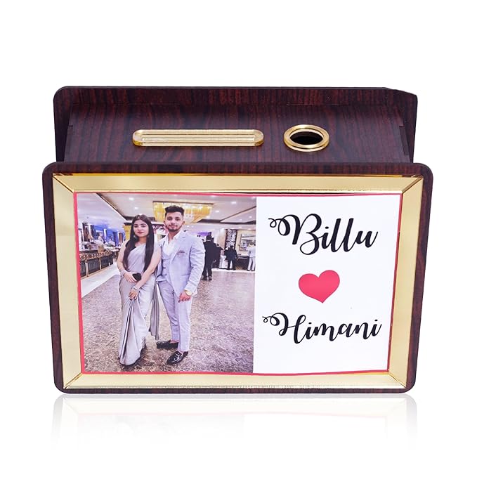 Gifts Wooden Photo Money Bank Saving Box/Piggy Bank for Adults & Kids Perfect for Savings Challenges, Birthdays, and Gifts 20 x 15 cm, Brown and Gold (Customized)
