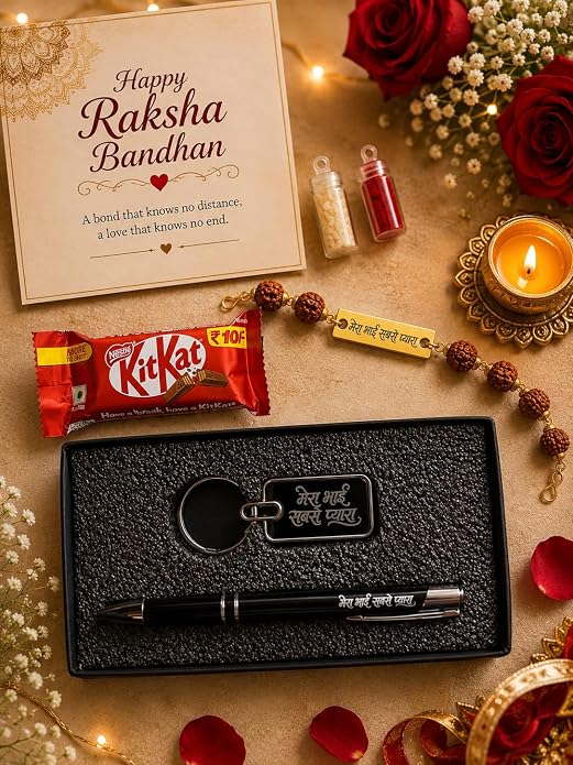 Raksha Bandhan Gift Combo for Brother – Rudraksha Rakhi with Keychain & Pen | Greeting Card, Roli Chawal Included | Rakhi Gift Hamper for Bhai
