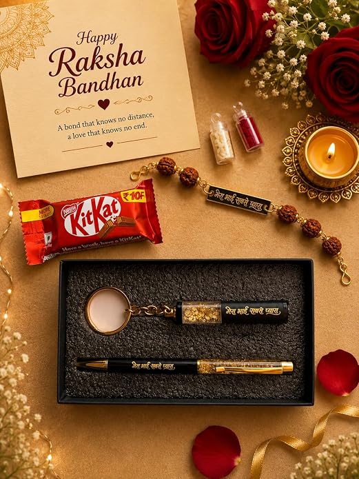 Customised Raksha Bandhan Gift Combo for Brother – Name Rakhi, Custom Keychain & Pen Set | Greeting Card, Roli Chawal | Rakhi Set for Bhai