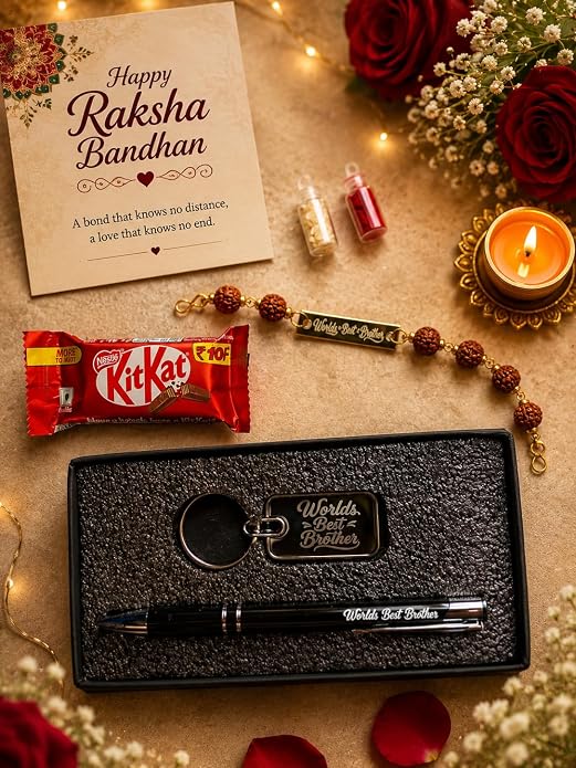 Raksha Bandhan Gift Combo for Brother – Rudraksha Rakhi with Keychain & Pen | Greeting Card, Roli Chawal Included | Rakhi Gift Hamper for Bhai