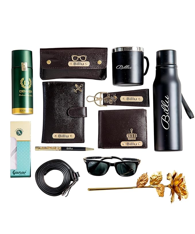 Your Name Customized Mens Gift Hamper Set with Water Bottle, Coffee Mug, Pen, Wallet, Keychain, Golden Rose, Men Deodorant with Belt and Mens Handkerchief (All Set)