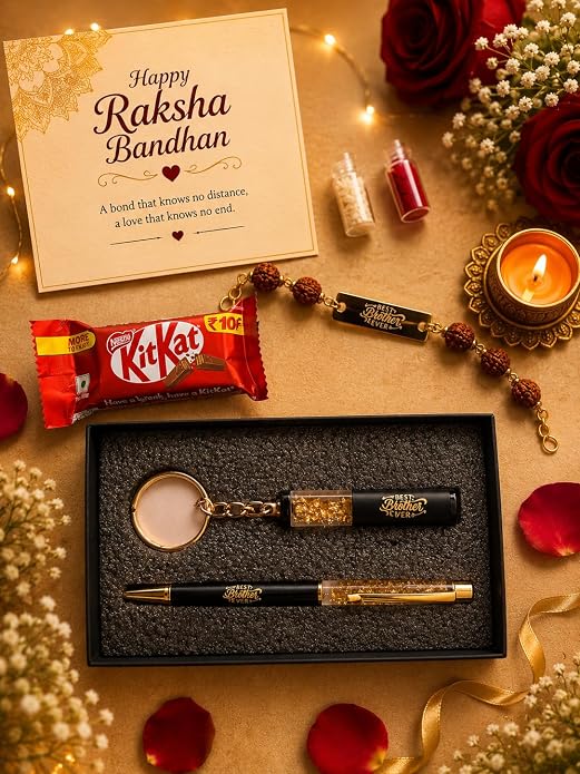 Customised Raksha Bandhan Gift Combo for Brother – Name Rakhi, Custom Keychain & Pen Set | Greeting Card, Roli Chawal | Rakhi Set for Bhai