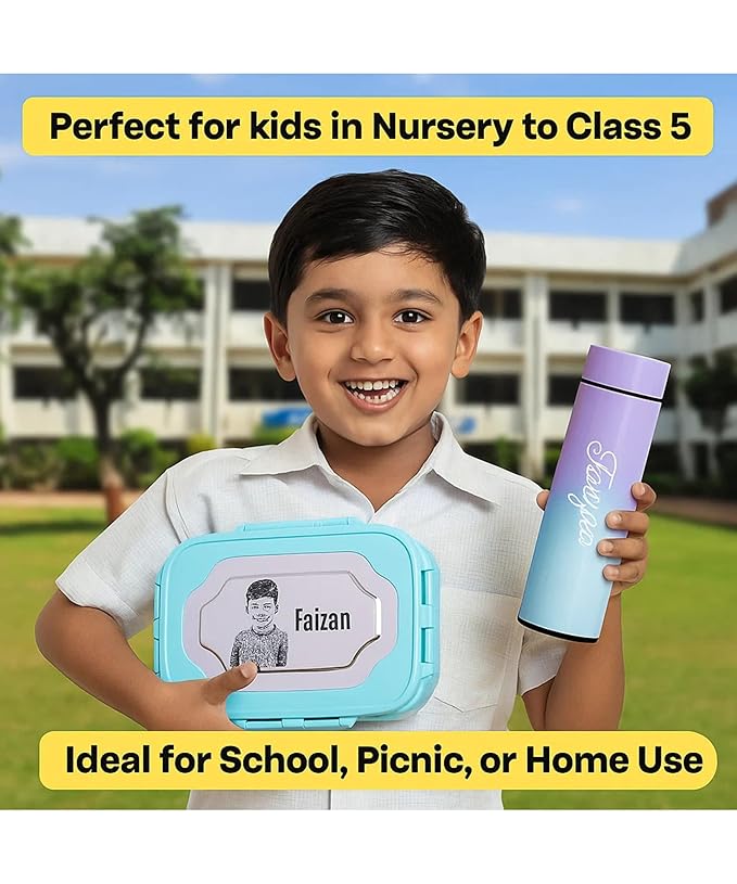 Personalized School Kit for Kids | Custom Name Tiffin Lunch Box, Water Bottle, Mug, Spoon Fork, Stickers & Stationery