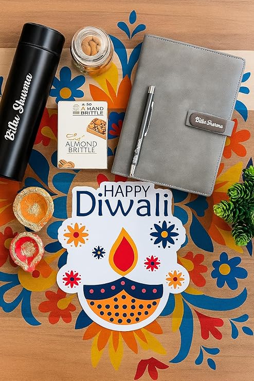 Diwali Gift Hamper - Personalized Dairy Pen, Insulated Bottle, Deepak Design, Chocolate, Golden Acrylic Laser-Cut 'Happy Diwali' Sticker, Cashew Almond Christmas Mix in Glass Bottle – Perfect Festive Gift Box (Grey)