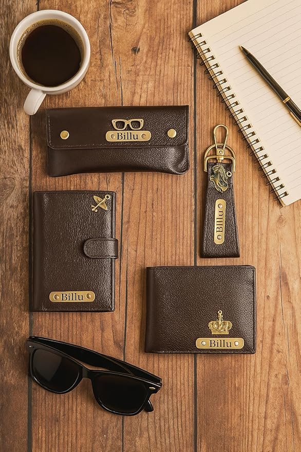 Your Name Customized Mens Gift Hamper Set with Water Bottle, Coffee Mug, Pen, Wallet, Keychain, Golden Rose, Men Deodorant with Belt and Mens Handkerchief (4 in 1)