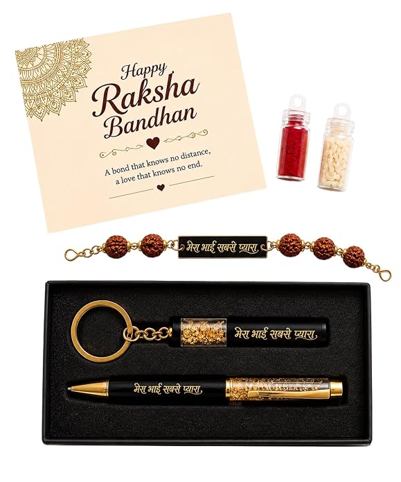 Customised Raksha Bandhan Gift Combo for Brother – Name Rakhi, Custom Keychain & Pen Set | Greeting Card, Roli Chawal | Rakhi Set for Bhai