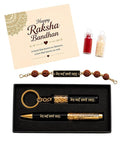 Customised Raksha Bandhan Gift Combo for Brother – Name Rakhi, Custom Keychain & Pen Set | Greeting Card, Roli Chawal | Rakhi Set for Bhai