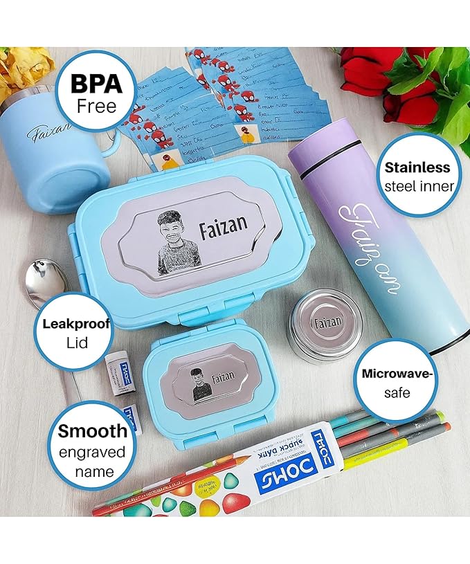 Personalized School Kit for Kids | Custom Name Tiffin Lunch Box, Water Bottle, Mug, Spoon Fork, Stickers & Stationery