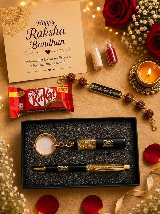 Customised Raksha Bandhan Gift Combo for Brother – Name Rakhi, Custom Keychain & Pen Set | Greeting Card, Roli Chawal | Rakhi Set for Bhai