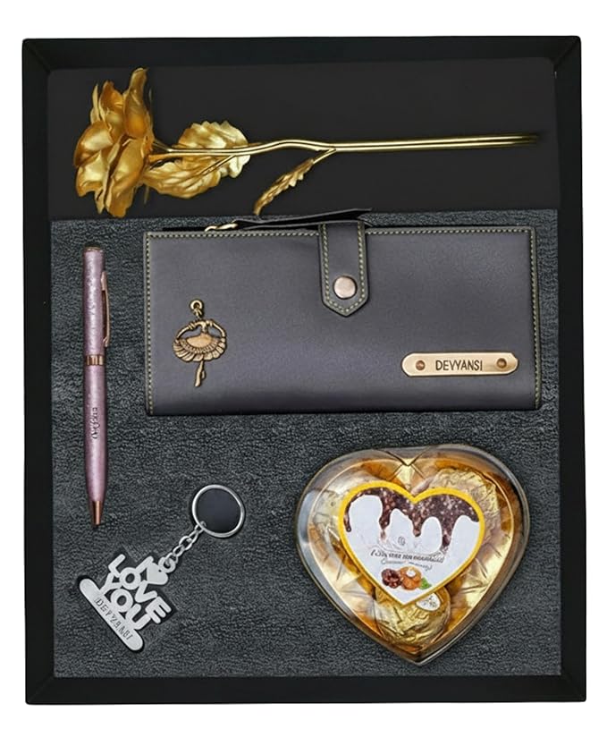 Personalized Gift for Women with Name Wallet, Golden Rose, Pen, Keychain