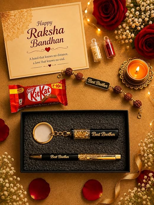 Customised Raksha Bandhan Gift Combo for Brother – Name Rakhi, Custom Keychain & Pen Set | Greeting Card, Roli Chawal | Rakhi Set for Bhai