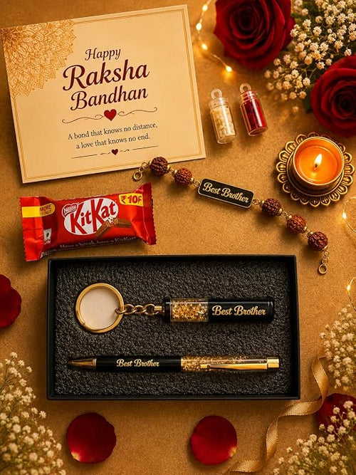 Customised Raksha Bandhan Gift Combo for Brother – Name Rakhi, Custom Keychain & Pen Set | Greeting Card, Roli Chawal | Rakhi Set for Bhai
